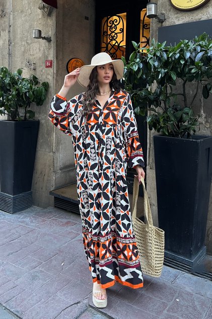 Rochie boemă Alaçatı 100% viscoză Rochie din viscoză cu decolteu în V cu imprimeu etnic Rochie potrivită pentru hijab