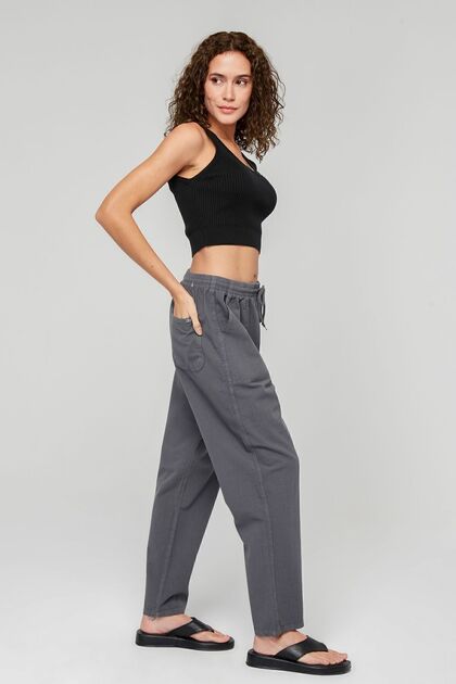 Kadın Koyu Gri Regular Fit Palazzo Keten Pantolon - Pamuklu, Cepli, Yazlık Monaha