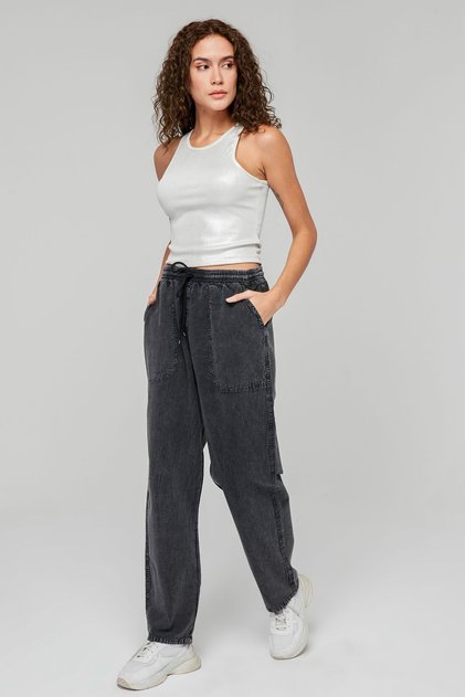 Women's Anthracite Wide Leg Linen Trousers - Cotton, Washed Monaha