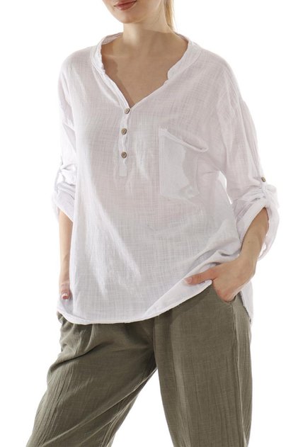 Women's White Pocket Sleeve and Back Mesh Detailed Foldable Sleeve Cotton Linen Blouse