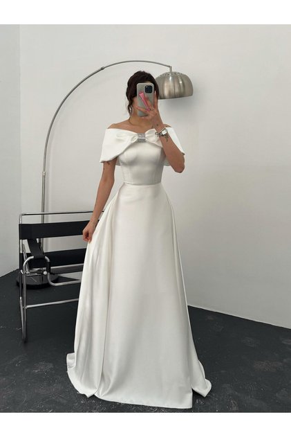 White Front Rhinestone Bow Detail Evening Dress