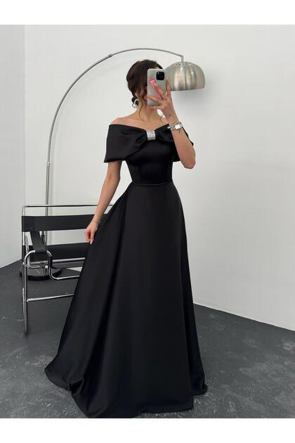 Rochie de seară cu fundă decorată cu pietre în partea frontală, negru