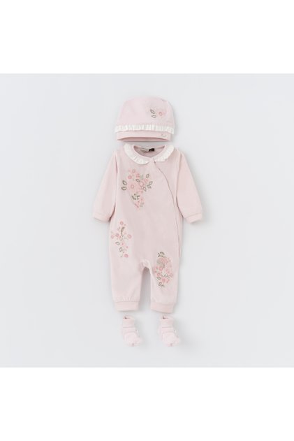 Baby Girl Powder Pink Flowery Velvet Jumpsuit Set