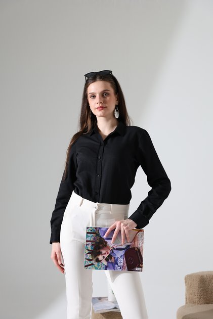 Lumina Şamre Kumaş Slim Fit Kadın Klasik Gömlek - Siyah