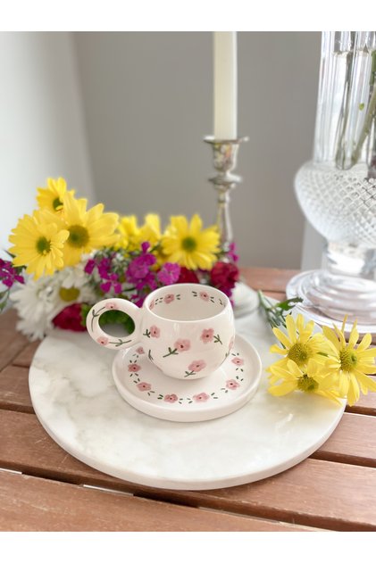 Vintage Pink Floral Handmade Ceramic Double Turkish Coffee Cup