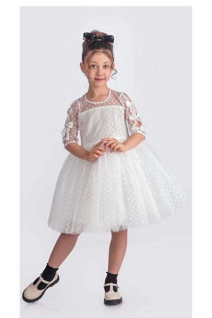 Lace Polka Dot, Long Sleeve Princess Girl's Dress M00707 White