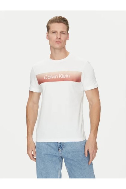 Men's Short Sleeve Cotton Crew Neck Calvin Klein White T-Shirt with Text Detail K10K114163-Yaf