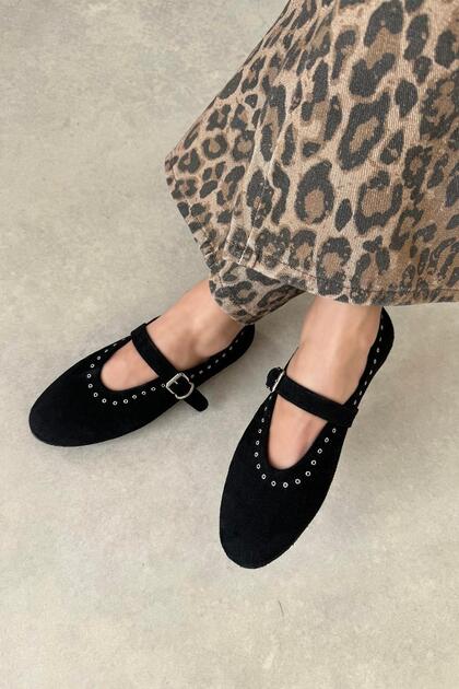 Abner Women's Drop Detail Suede Ballerinas Black