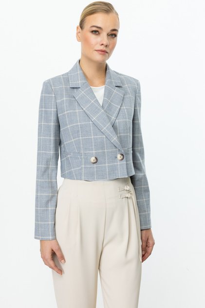 Ekoseli Crop Ceket Indıgo 04030