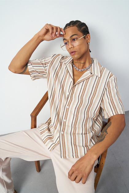 Striped Cuban Collar Oversize Men's Shirt