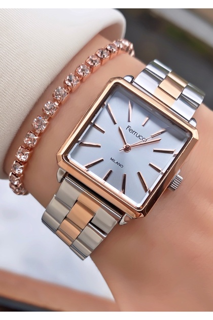 Brand Rose Silver Color Steel Square Case 2 Years Warranty Women Wrist Watch - Bracelet Gift