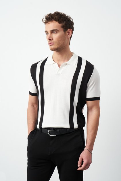 Striped Oversize Polo Neck Knitwear Men's T-Shirt