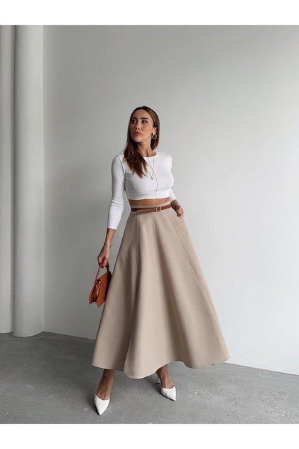 Women's Zippered Slit Godeli Cream Skirt