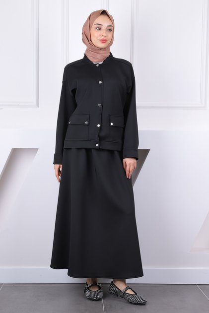 Black Scuba Jacket Skirt Suit