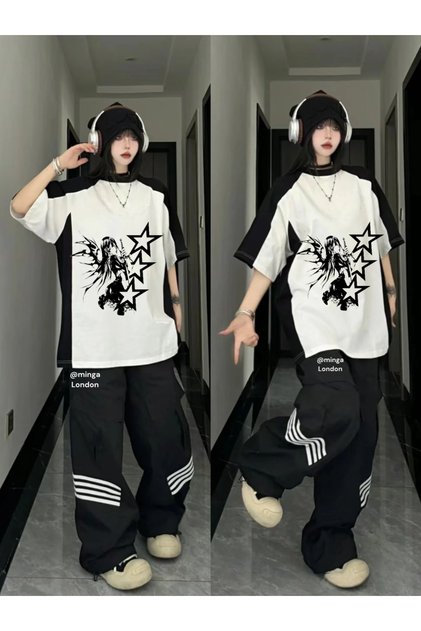White Black Star Girl Unisex Reglan Y2K T-Shirt -Mingalondon