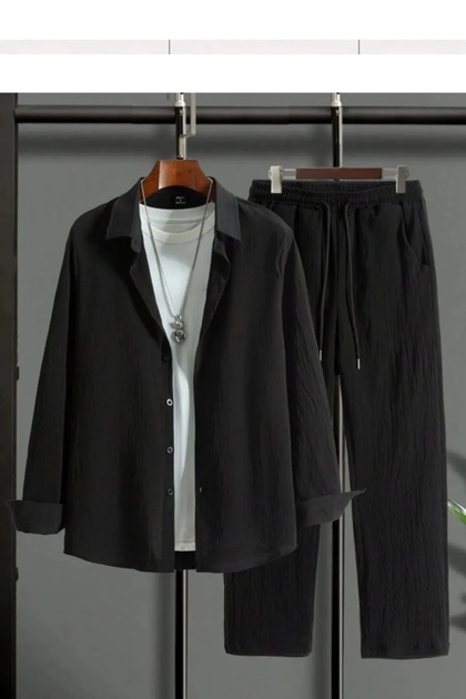 Men's Black Long Sleeve Shirt Pants Wrinkled Tracksuit Set Alaçati