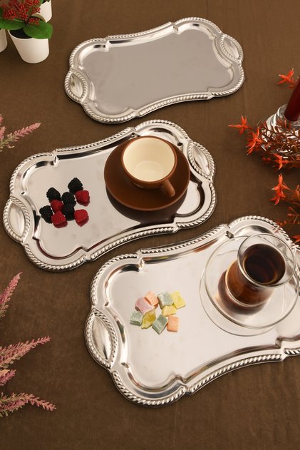 Liven Stainless Rectangular Auger Pattern Presentation Tray Silver Set of 3