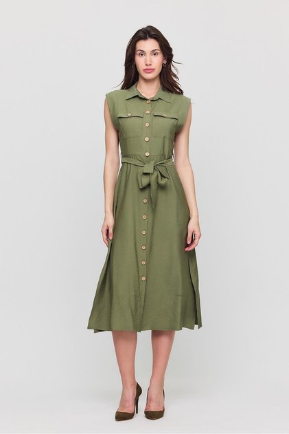 Apsen Women's Aerobin Shirt Collar Dress with Pockets and Buttons and Slits 4505-120
