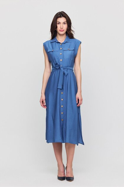 Apsen Women's Aerobin Shirt Collar Dress with Pockets and Buttons and Slits 4505-120