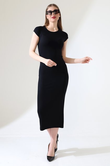 Low Sleeve Closed Crew Neck Basic Women's Long Casual Dress 21898 Black