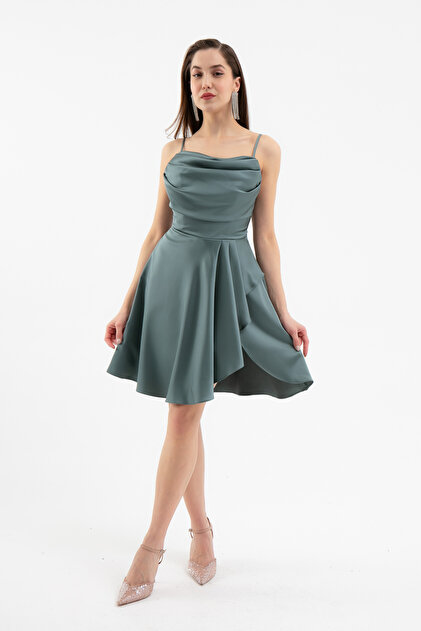 Lafaba Women's Turquoise Flounce Slit Short Satin Evening Dress & Graduation  Dress- Trendyol