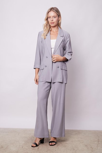 Women's Silky Textured Modal High Waist Side Pockets Elastic Back Wide Leg Loose Palazzo Trousers-Grey