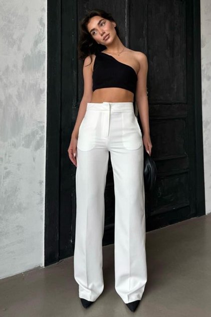 Ecru High Waist Fabric Trousers Mg2284