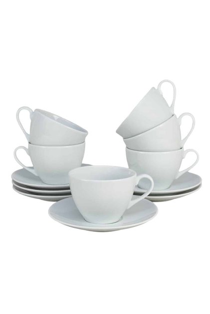 Set 6 cesti cu farfurie de 200 ml, Portelan, Alb