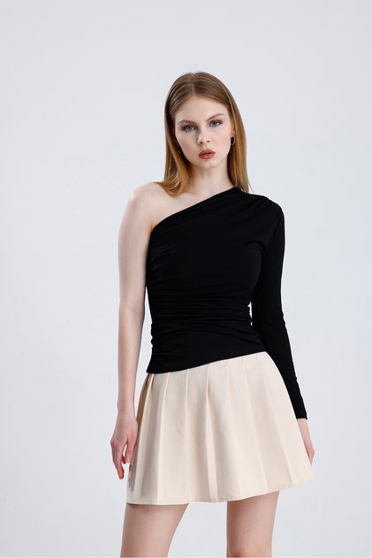 Women's One Shoulder Gathered Black Blouse