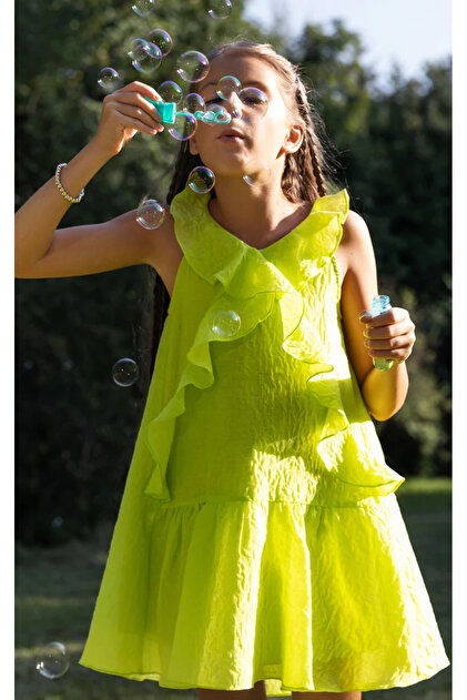 SheShe 04-12 Years Old Girl's Neon Green Dress - Green- Trendyol