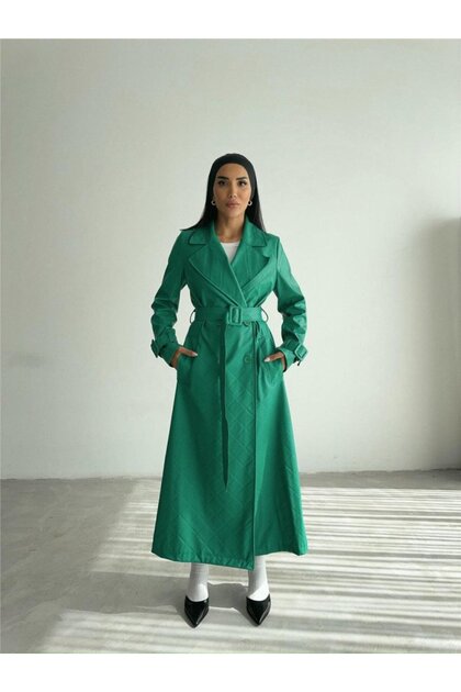 Feylace Quilted Leather Trench - Green- Trendyol