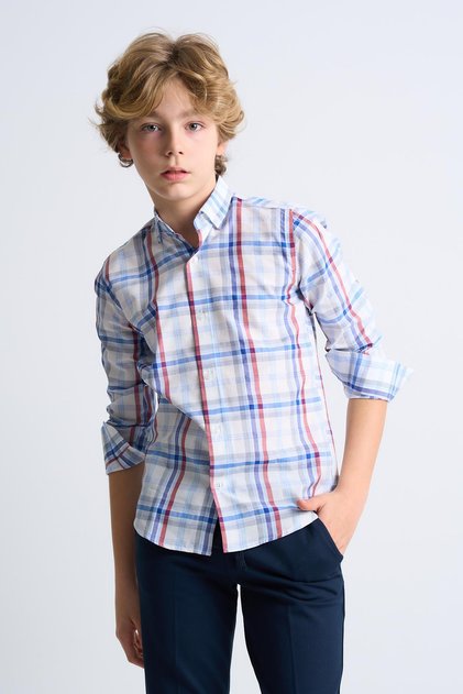 Fold Sleeve Checkered Long Sleeve Children's Shirt