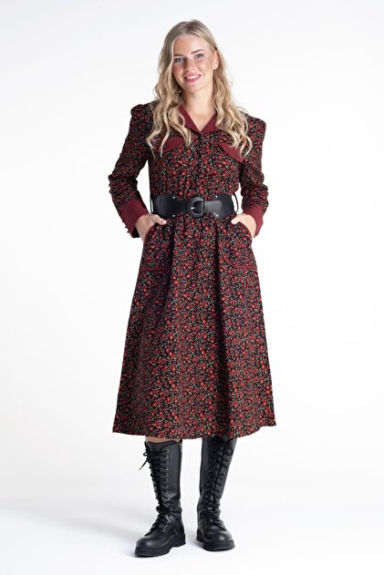 Eli ile Bezi Long Sleeve Flannel Panhose Belt Detailed Midi Length Autumn  and Winter Dress Black Black- Trendyol