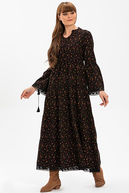 Eli ile Bezi Long Sleeve Selil Flannel Autumn And Winter Long Dress  Crispy Pattern Black Syh- Trendyol