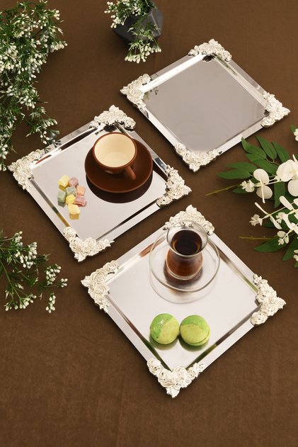 Alvio Stainless Square 4 Corner Silver Flower Detailed Presentation Tray Silver Set of 3