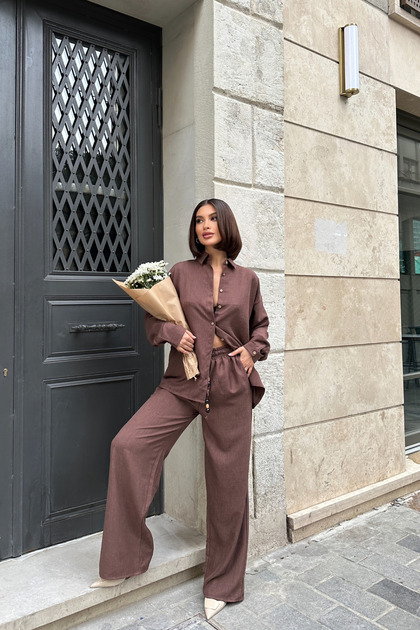 Set de top cu fundul de in, maro oversize, pentru femei