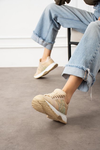 Beatriz Kadın Sneakers Yandan Taşlı Bağcıklı Spor Ayakkabı Bej