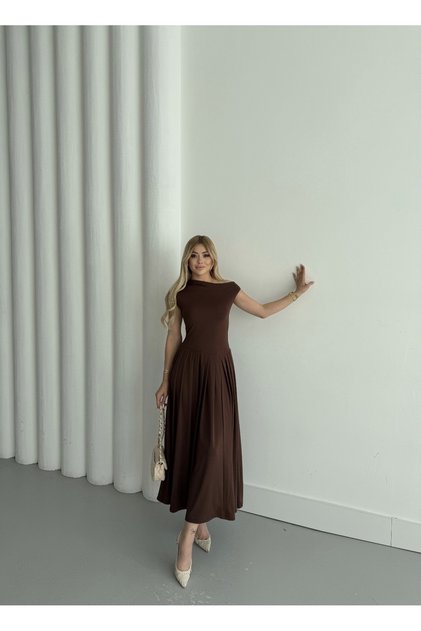 Buketli̇ Women's Low Sleeve Skirt Pleated Knitted Lycra Dress