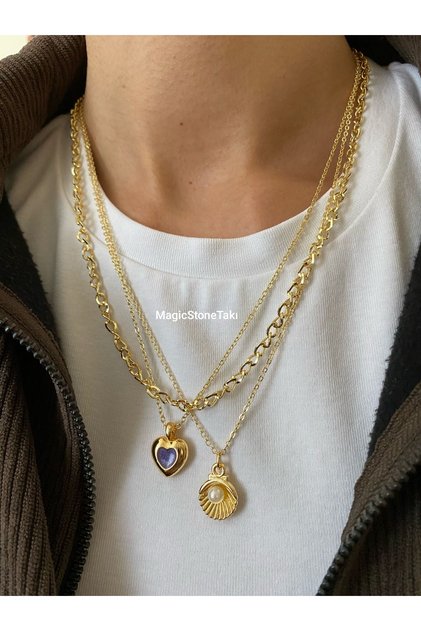 Oyster Pearl Detailed Triple Combination Necklace Gold Color