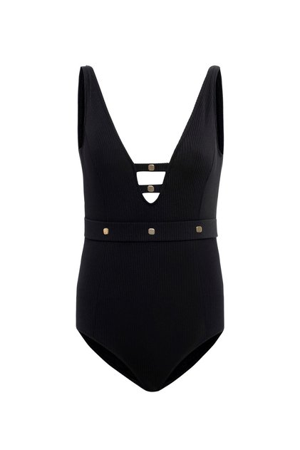 Aquaviva Women's Black Striped Laura V Neck Eyelet Swimsuit