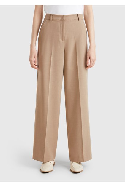 Women's Beige Stretch Fabric High Waist Wide Leg Pants