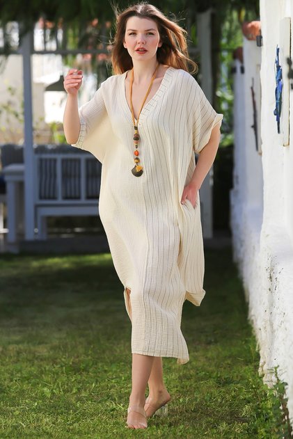 Krem V Yaka Kısa Kol Yıkamalı Yırtmaçlı Casual Müslin Oversize Dokuma Elbise 125 76