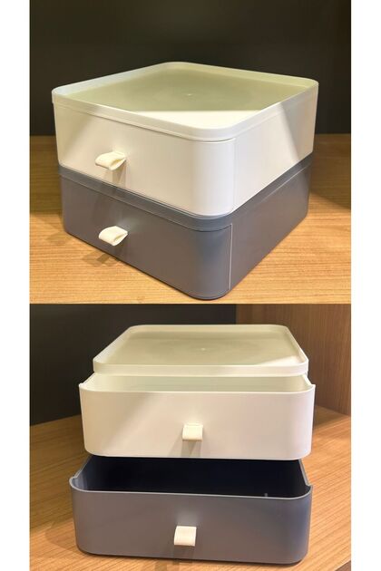 2-Piece Gray and White Color Drawer Table Top Organizer Makeup Jewelry Box Accessory Organizer