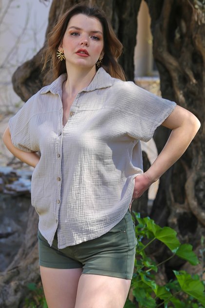 Beige Shirt Collar Short Sleeve Buttoned Washable Casual Muslin Woven Shirt 68 60