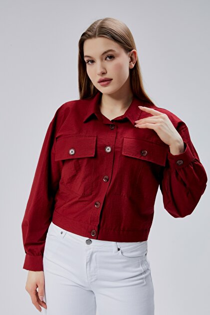Kadın bordo cift cepli crop vespa gömlek