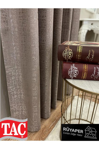 Rüyaper Jakar Zemin Kendinden Desenli 1/3 Sık Pile Fon Perde - Vizon Kahve