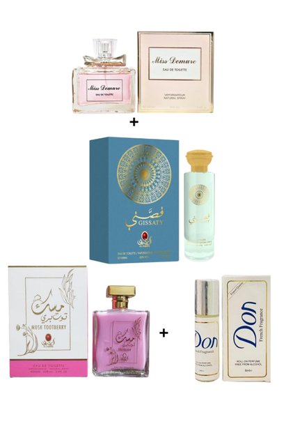 بكج العيد (حبه عطر قصتي 100 مل +ميس ديميور 100مل + عطر دون 6مل +عطر مسك توت بري 100 مل)