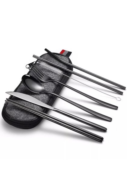 8 Parça Çantalı Yolculuk Çatal Bıçak Kaşık Pipet Chopstick Seti Kamp Okul Ofis Tatil Paslan