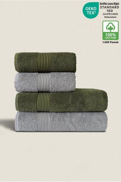 4-Piece Bath Towel Set 100% Cotton Certified Body and Head | Dowry Box 50X90 - 70X140 Dark Green Gray