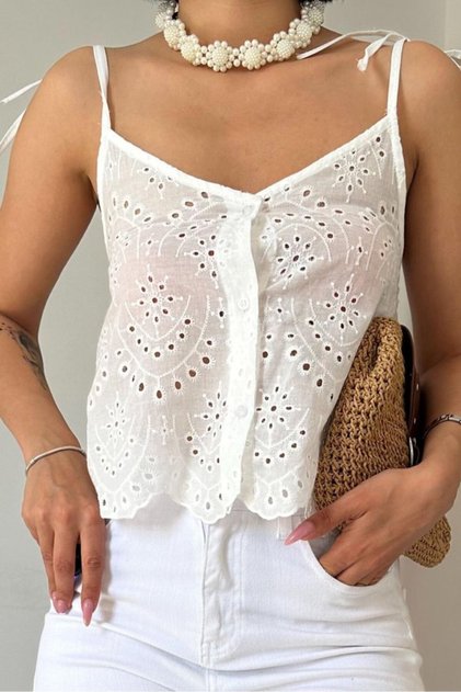 Dressify Women’S Fashion White Lace-Up Brode Blouse